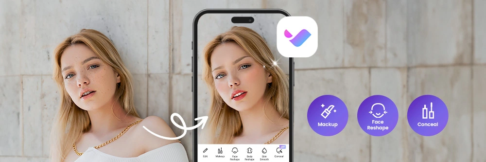 the original girl photo at the background and retouched photo with Vivid Glam's UI and lgoo icon